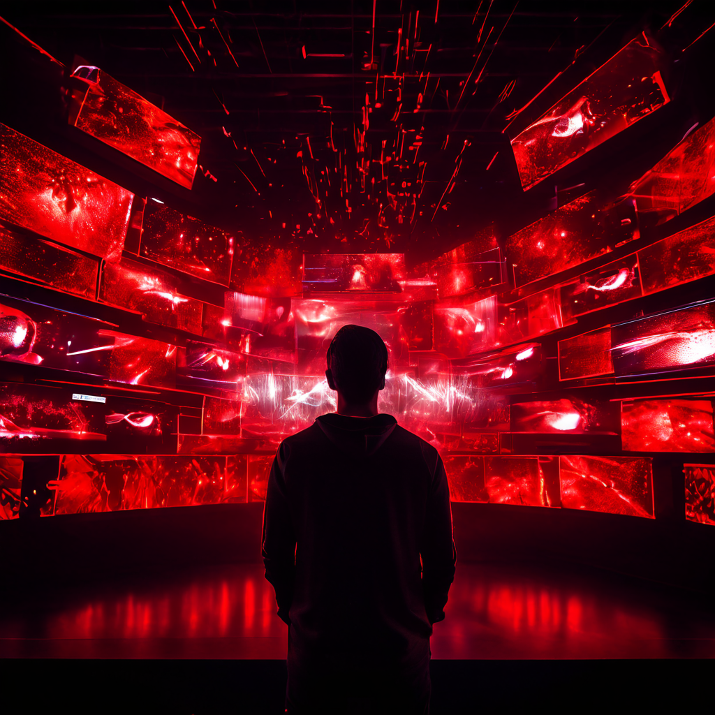 한 사람이 여러 개의 빛나는 화면에서 동시에 생방송을 시청하며, 붉게 충혈된 눈과 압도적인 데이터 오버레이로 디지털 시각 피로와 정보 과부하를 경험하는 모습을 묘사한 이미지입니다.