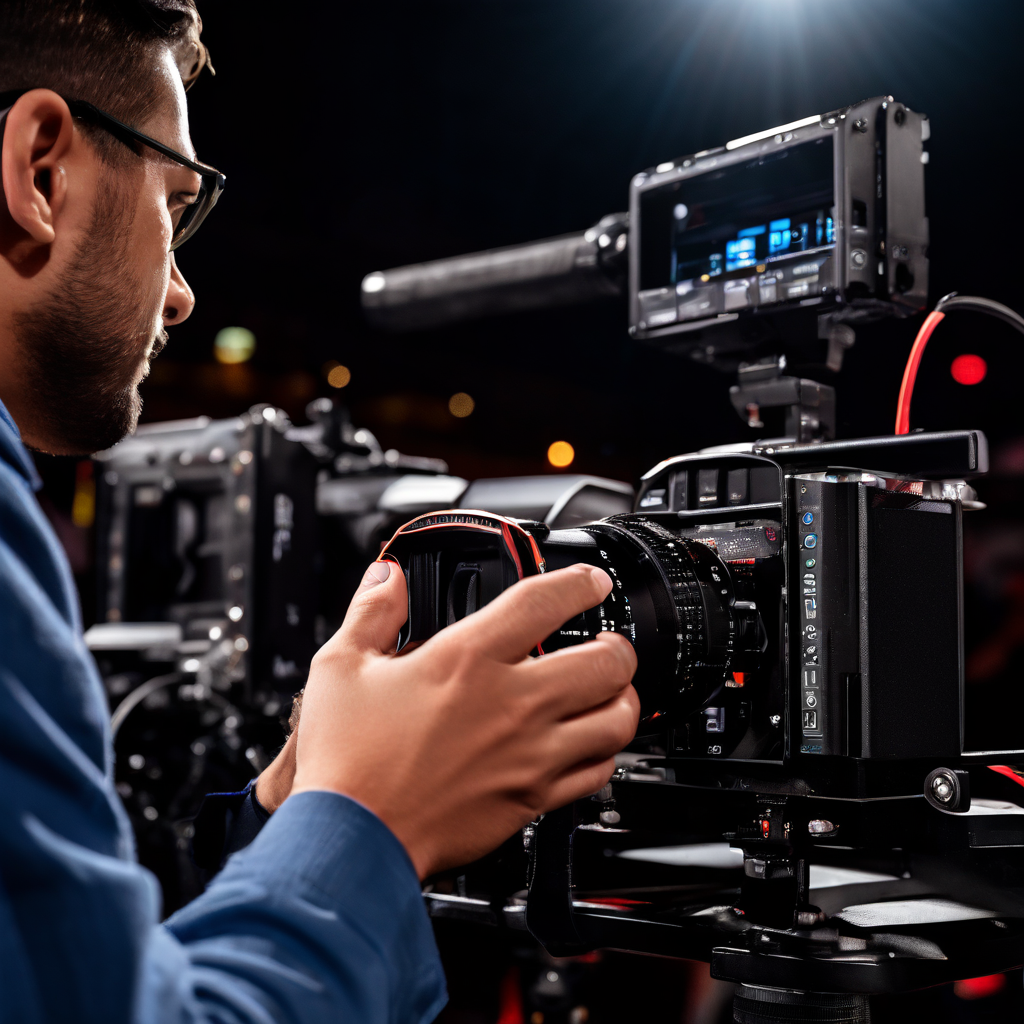 방송 진행자의 손이 카메라를 직접 잡고 있는 클로즈업 샷으로, 생생한 현장감과 시청자와의 직접적인 소통을 상징하는 이미지입니다.