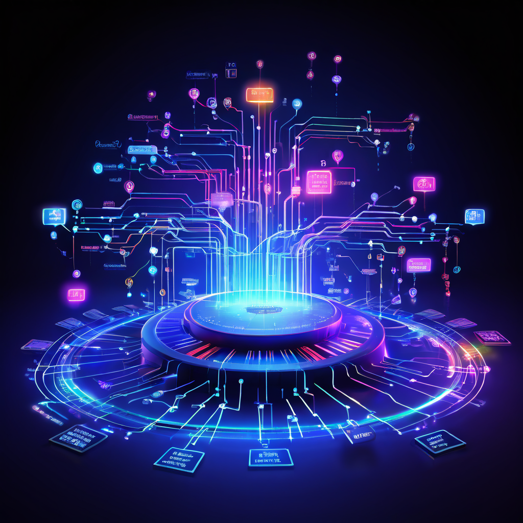 데이터 스트림이 실시간으로 서버와 사용자 인터페이스 사이를 흐르며 중심의 빛나는 잭팟 심볼에 집중되는 과정을 3D 플로우차트로 시각화한 이미지입니다.