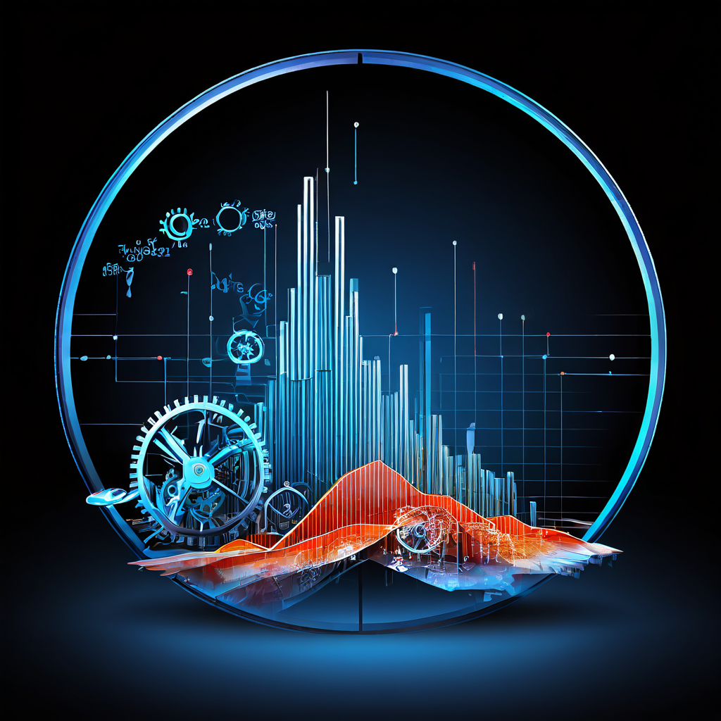 이익이 급격히 상승하는 선과 하락하는 선이 갈라지는 지점을 확대경으로 들여다보면 복잡한 기어와 물음표가 나타나는 전략적 분기점 분석 그래프를 보여줍니다.