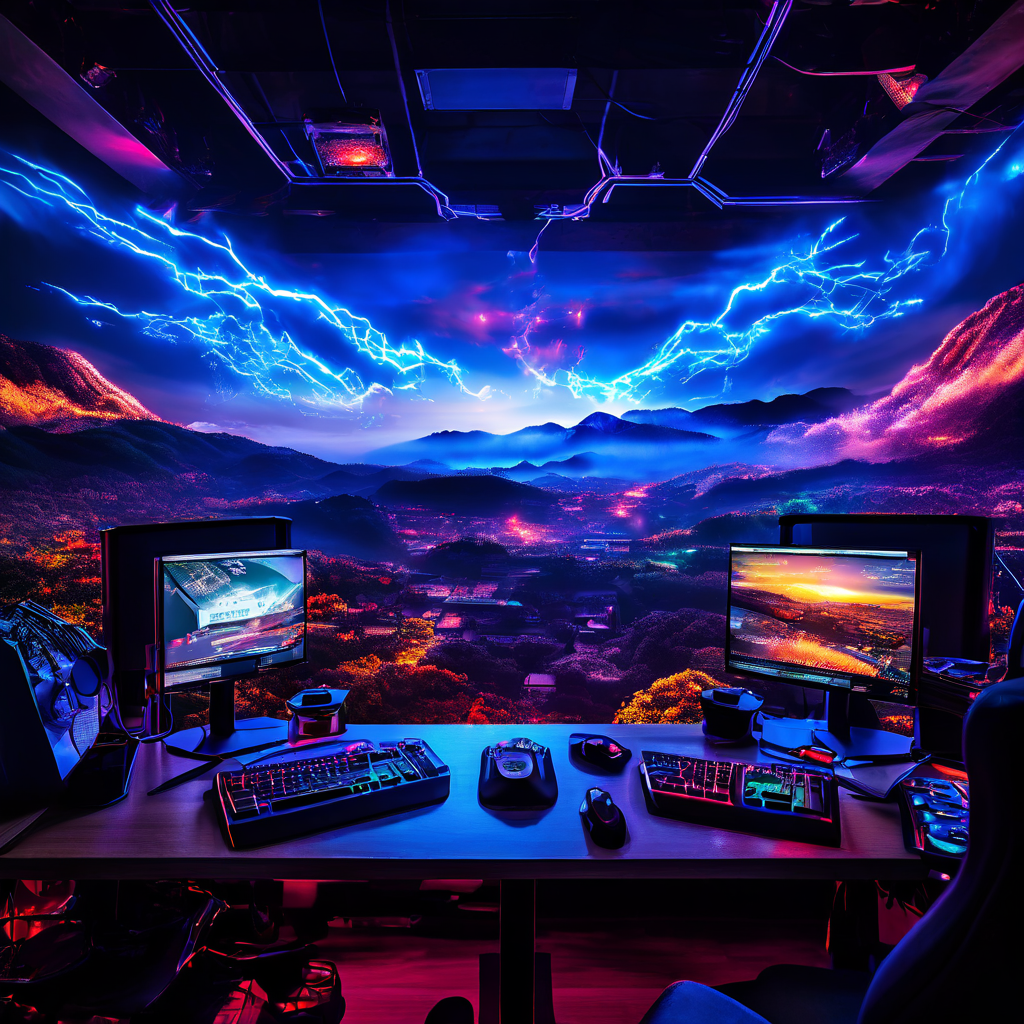 대한민국 지도 위로 퍼져나가는 강력한 충격파가 스트리밍 세팅과 반짝이는 게이밍 주변기기로 가득한 생동감 넘치는 풍경으로 변모하는 모습을 보여주는 이미지입니다.