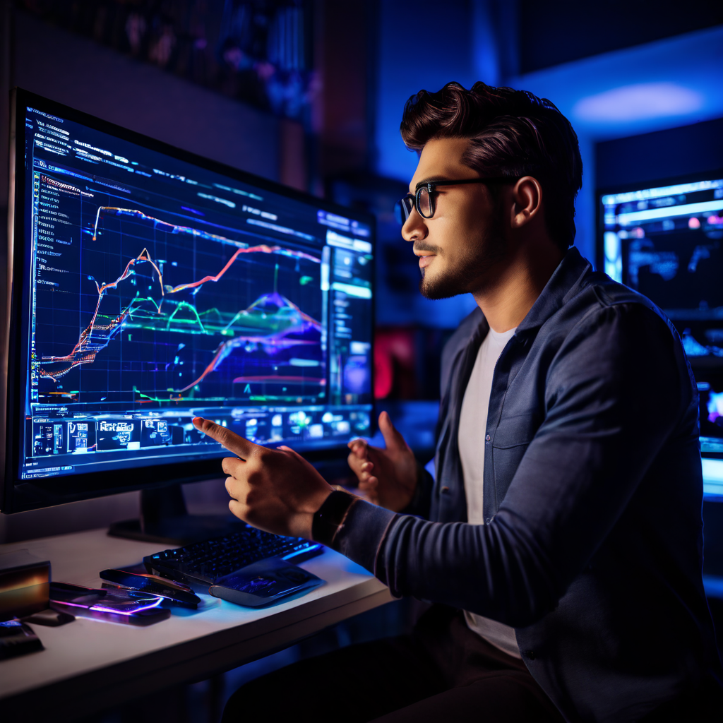 스트리머가 완벽한 계획을 보여주는 화면을 가리키고 있지만, 배경의 실제 데이터는 혼란스럽고 상반된 현실을 드러내며 계획과 실행의 괴리를 시각화한 이미지입니다.