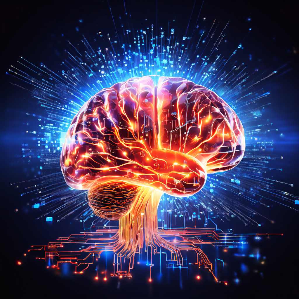 혼란스러운 데이터의 흐름을 명확하고 체계적인 정보로 걸러내는 빛나는 두뇌는 비판적 사고의 중요성을 상징적으로 보여주는 이미지입니다.