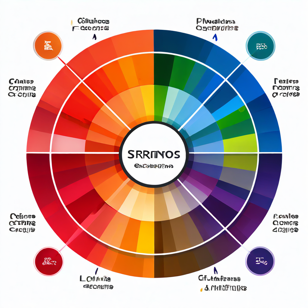 색채 이론의 원리를 시각화한 과학적 다이어그램으로 색상환과 대비 비율이 표시되어 있으며, 버튼과 메뉴 같은 인터페이스 요소에 적용되는 방법을 화살표로 설명하고 있습니다.