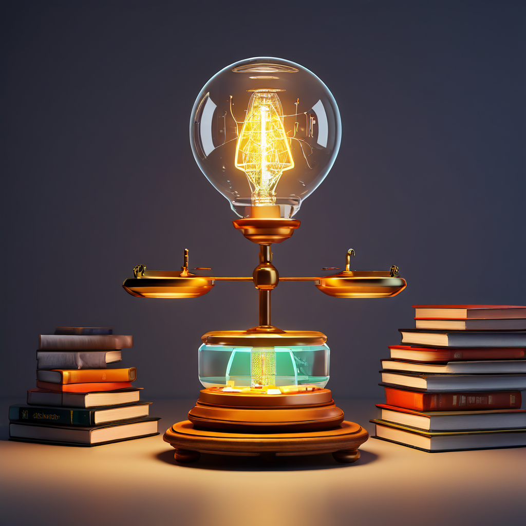 현대적인 배경 위에 빛나는 TV와 책 더미 위의 전구가 각각 올려진 저울이 지식 습득을 위한 독서와 미디어 콘텐츠 시청의 균형을 상징적으로 표현하고 있습니다.