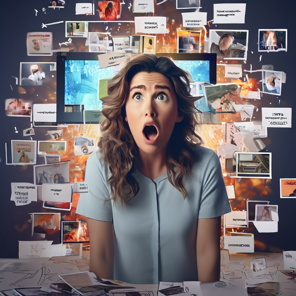 복잡하게 얽힌 TV 광고 순서도가 시청자의 화면을 가로막고 있으며, 왜곡된 프로그램을 보며 좌절하는 사람의 모습이 과도한 광고가 시청 경험을 해친다는 점을 상징적으로 보여줍니다.