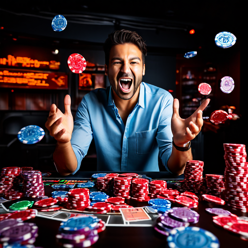 A documentary-style editorial photograph capturing a blurred casino monitoring desk with a laptop, scattered poker chips, and a de