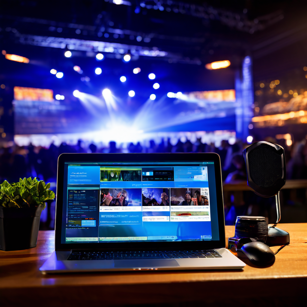 A documentary-style photograph showing a dimly lit streaming desk with a blurred laptop screen and a microphone on a boom arm, whi