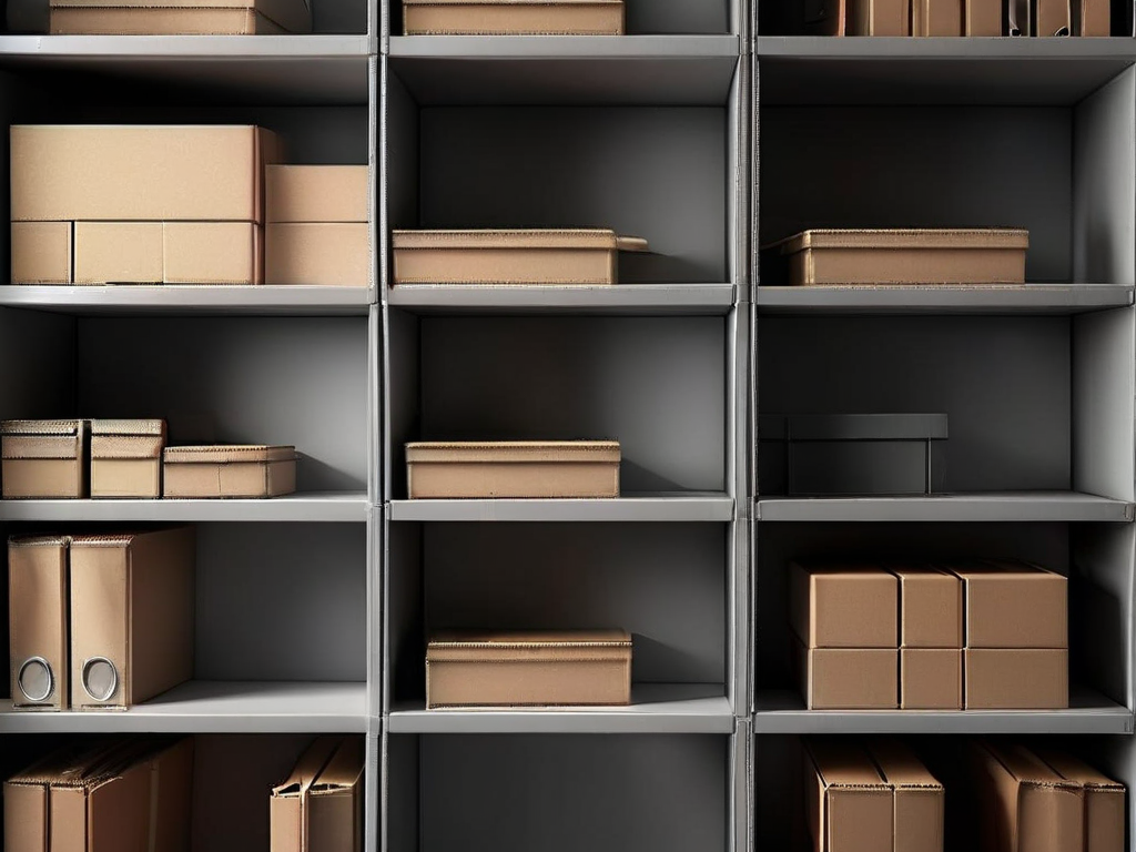 Stacked archive boxes with blank label tabs arranged in neat compartments on a matte gray surface, soft side light casting clean...