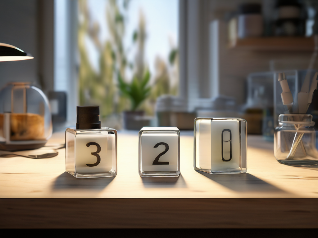 Two sealed white storage blocks with count markers on a neutral acrylic tray, soft studio lighting, clean stone countertop.