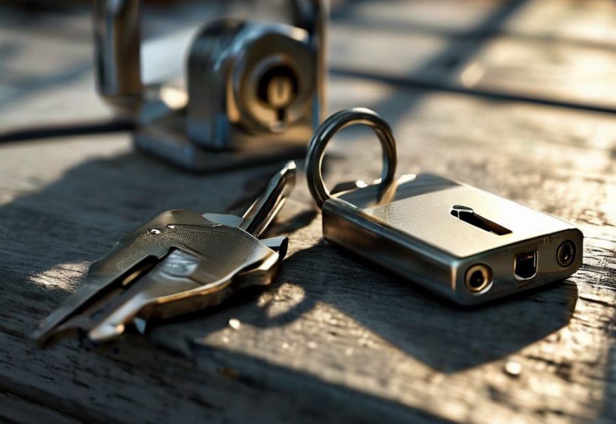 Small metal lock, closed key case, and blank security card on brushed metal surface in morning light, symbolizing account safety...