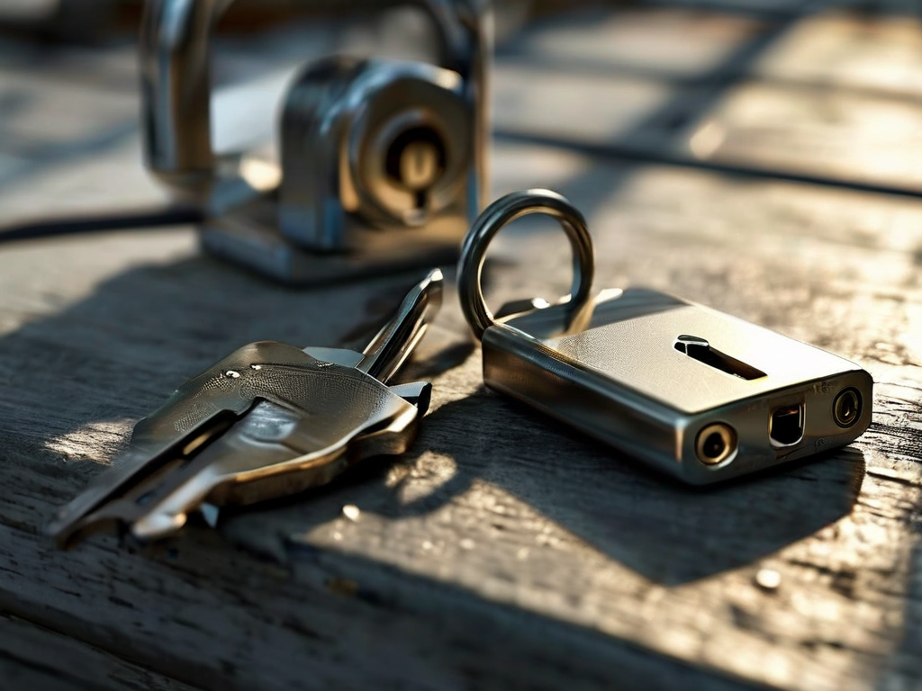 Small metal lock, closed key case, and blank security card on brushed metal surface in morning light, symbolizing account safety...
