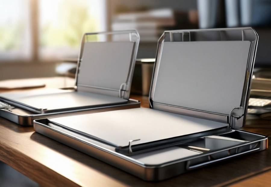 Blank divider cards and a compact storage tray on brushed metal, organized digital information metaphor.