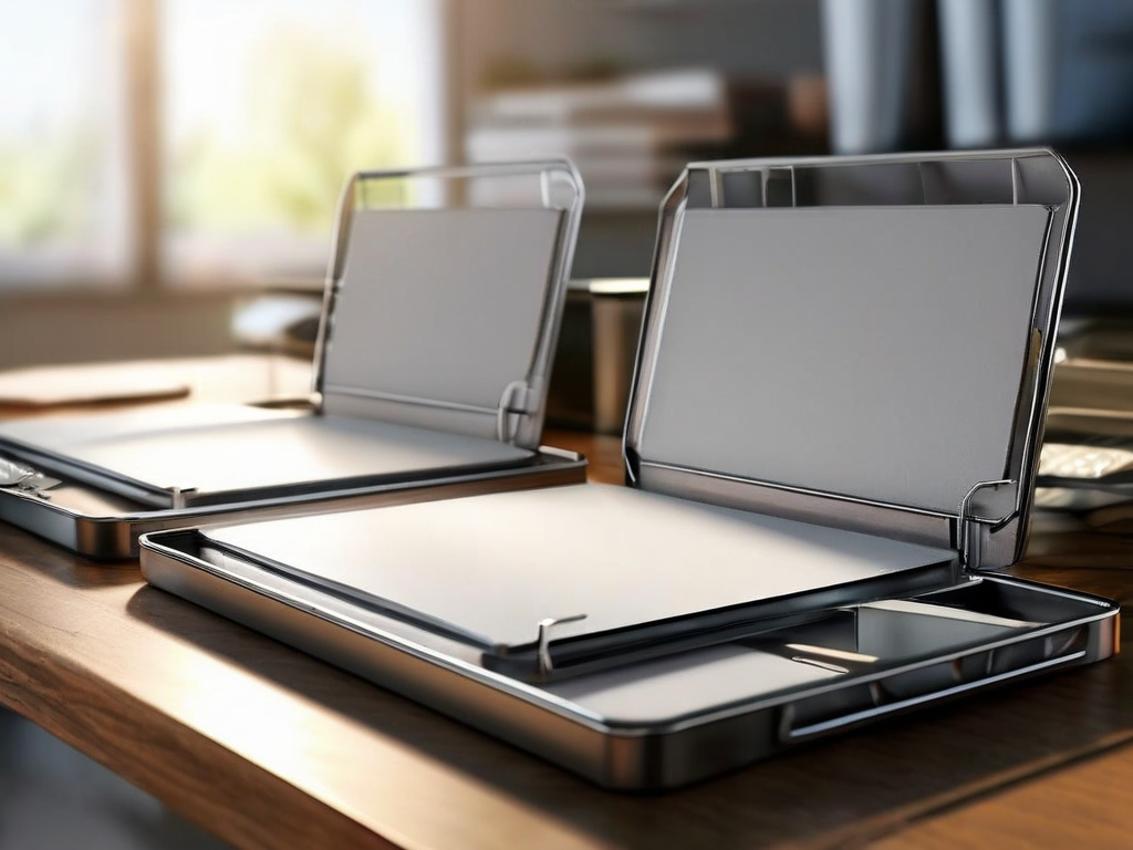 Blank divider cards and a compact storage tray on brushed metal, organized digital information metaphor.