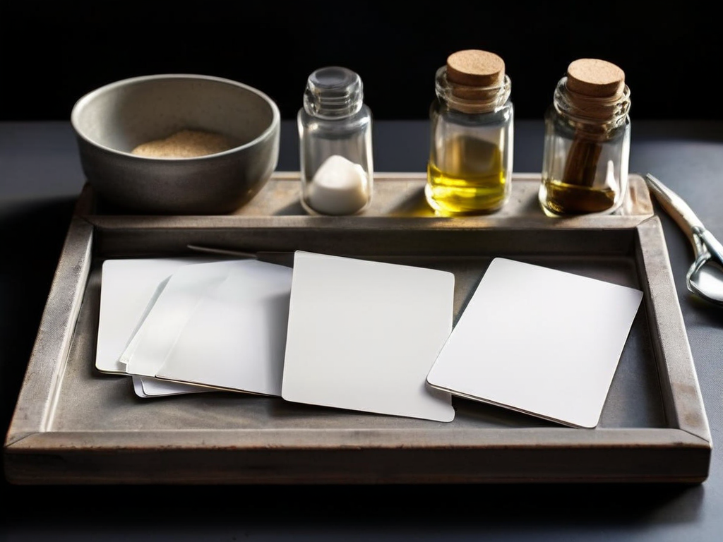 Blank dividers with arrow indicators in an acrylic tray on a stone counter.