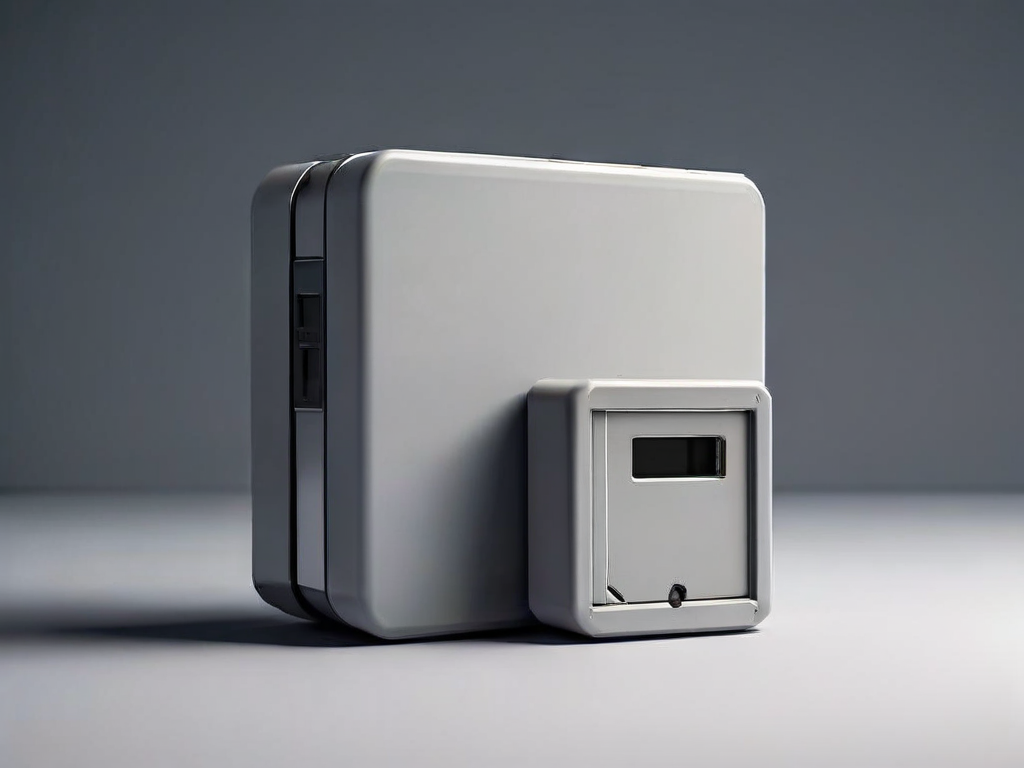 Stacked blank data blocks beside a portable storage drive and a small capacity gauge on a matte gray surface.