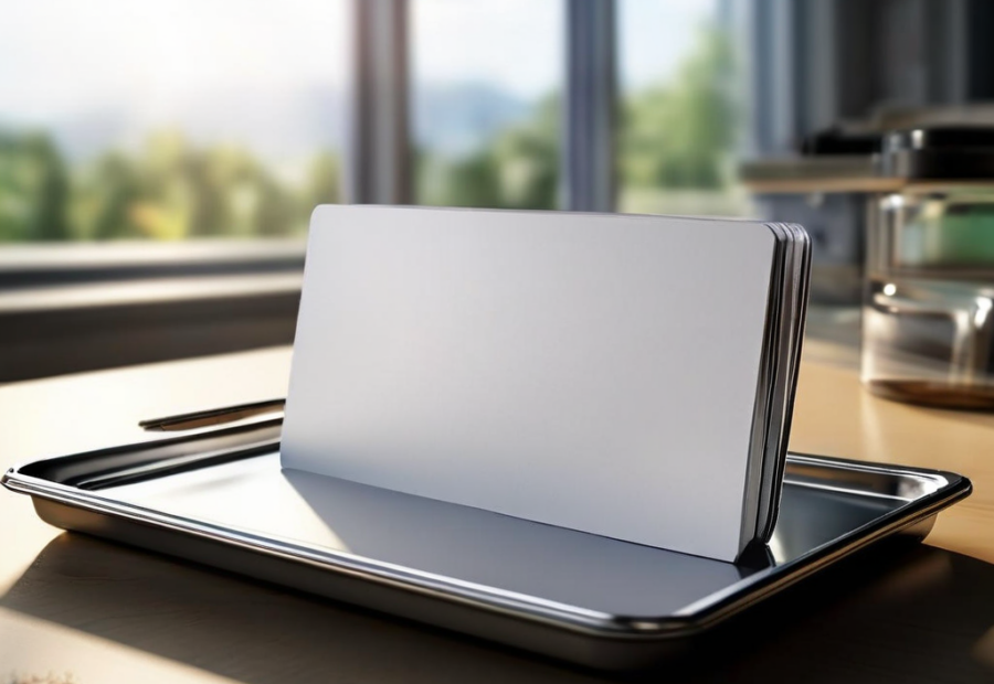 Organized blank divider cards and compact storage tray on brushed metal surface in morning light.