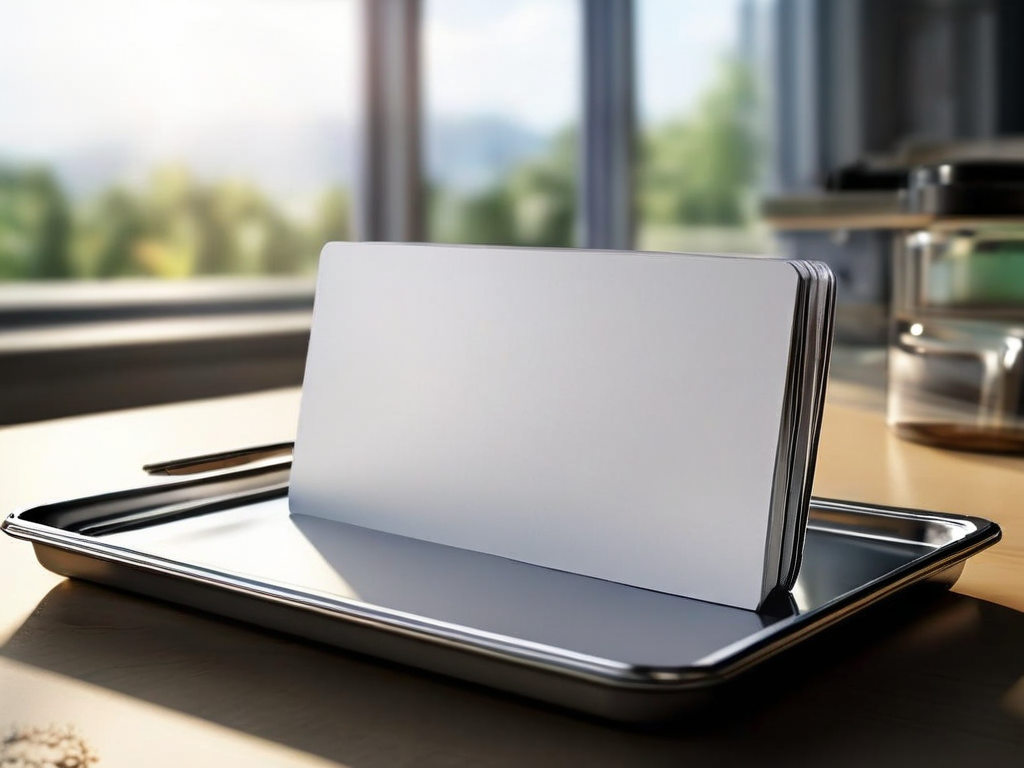Organized blank divider cards and compact storage tray on brushed metal surface in morning light.